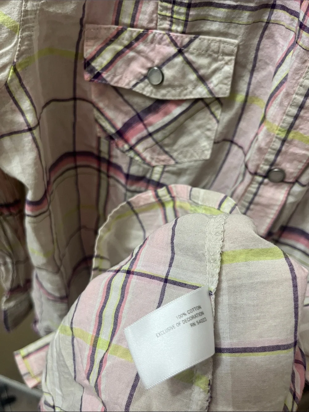 Old Navy Cream Plaid Button-Down Shirt with Pink and Yellow Stripes